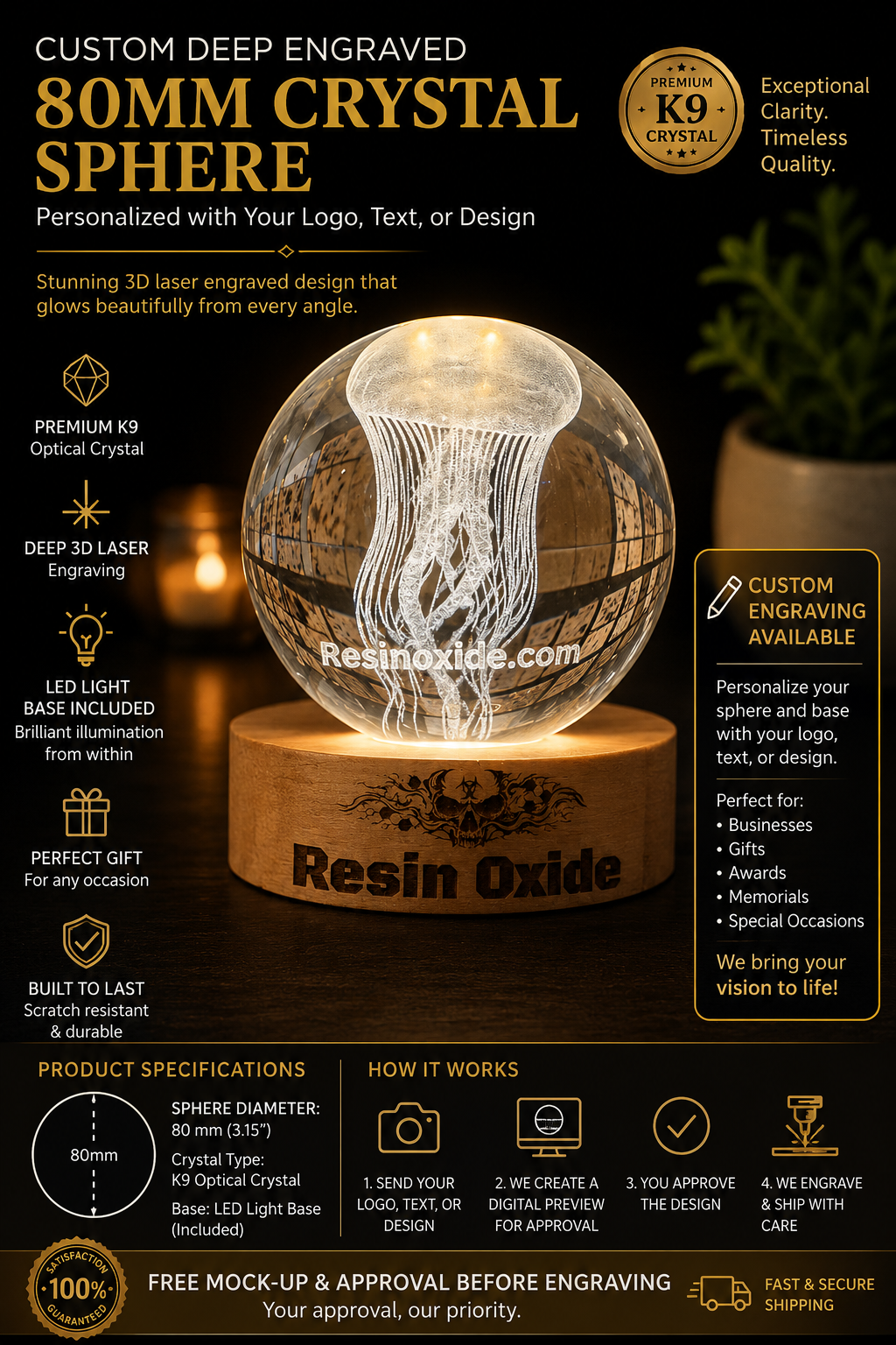 Personalized Photo Crystal Ball 3D Laser Engraved Crystal Sphere with LED Base