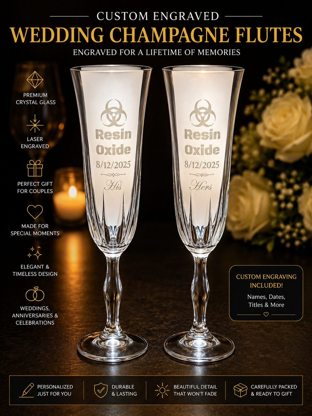 Custom Engraved Wedding Champagne Flutes – Set of 2 Toasting Glasses Gift His & Hers